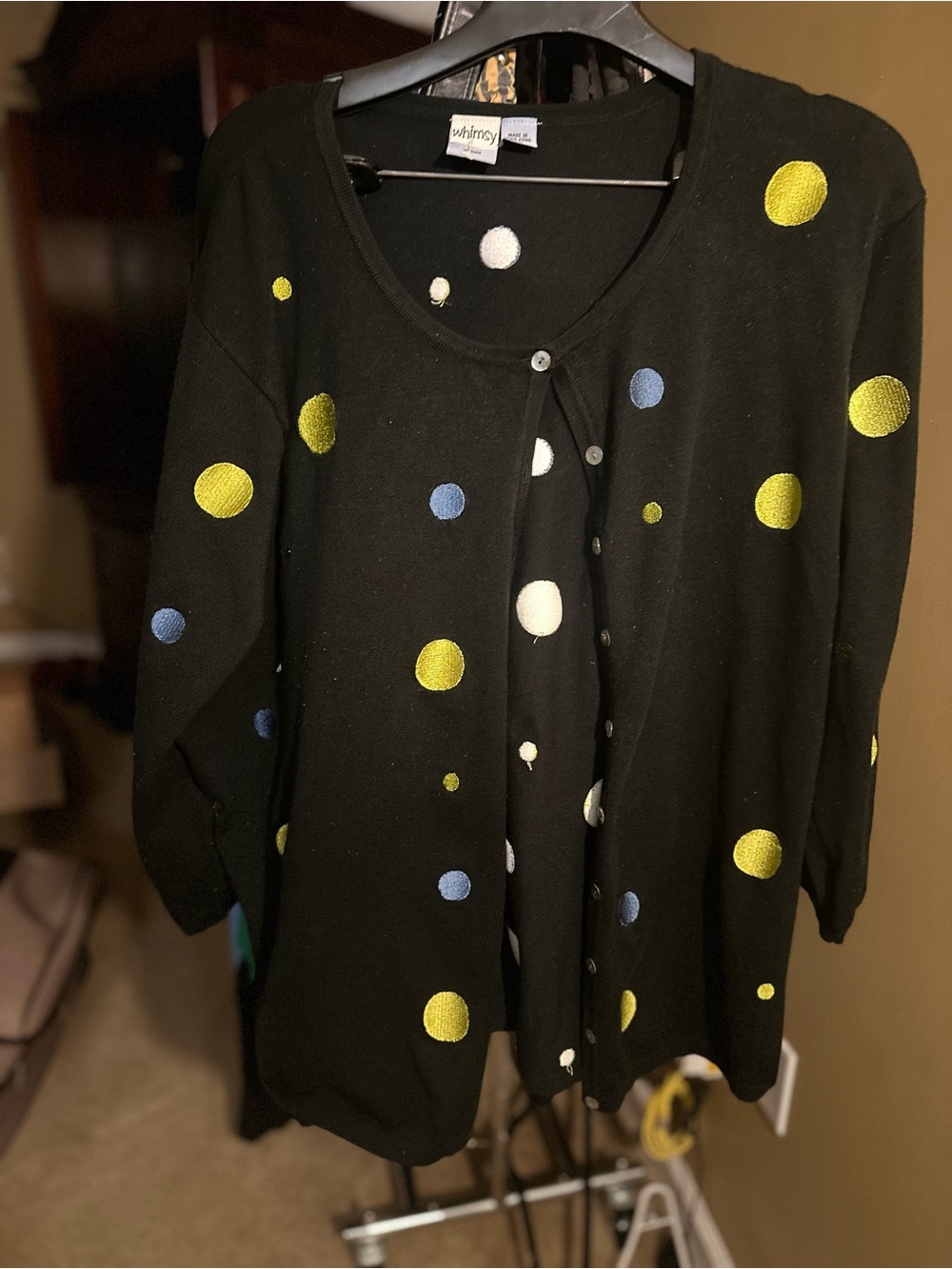 Vintage Whimsy Black Polka Dot Cardigan - Yellow, Blue, White 3X
